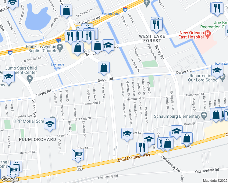 map of restaurants, bars, coffee shops, grocery stores, and more near 4825 Crowder Boulevard in New Orleans
