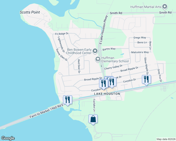 map of restaurants, bars, coffee shops, grocery stores, and more near 24203 Shellbrook Drive in Huffman