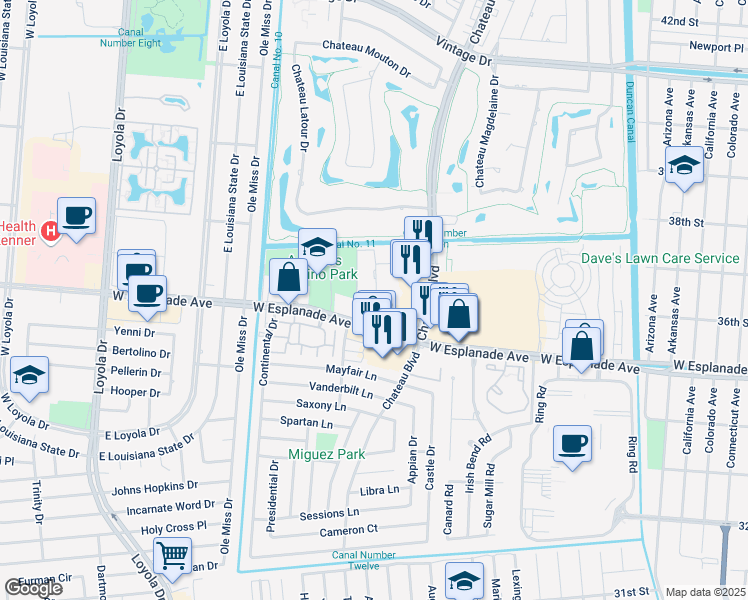 map of restaurants, bars, coffee shops, grocery stores, and more near 726 Village Road in Kenner