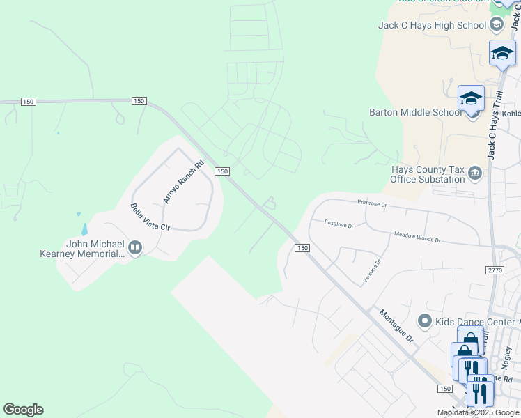 map of restaurants, bars, coffee shops, grocery stores, and more near 3370 Farm to Market Road 150 West in Kyle
