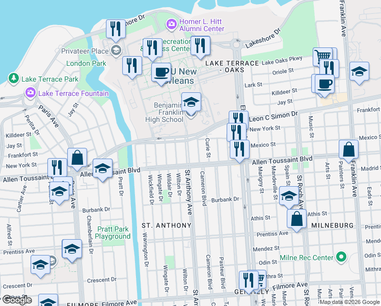 map of restaurants, bars, coffee shops, grocery stores, and more near 6218 Saint Anthony Avenue in New Orleans