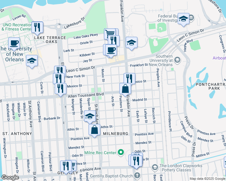 map of restaurants, bars, coffee shops, grocery stores, and more near 2503 Robert E Lee Boulevard in New Orleans
