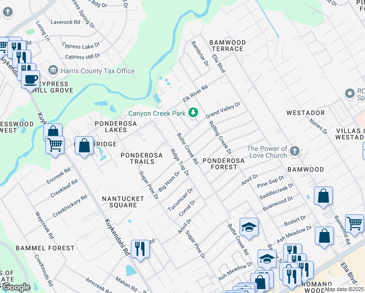 map of restaurants, bars, coffee shops, grocery stores, and more near 17819 Butte Creek Rd in Houston