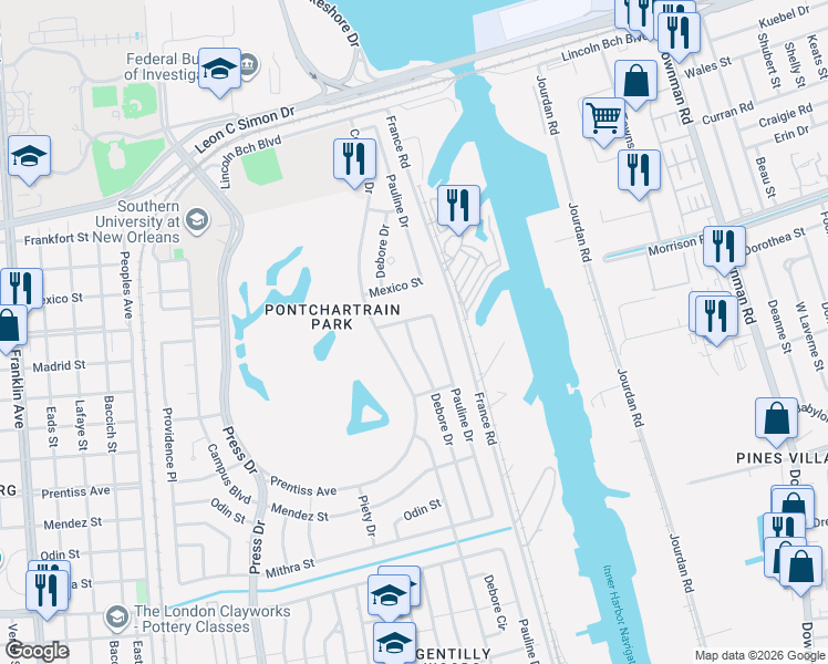 map of restaurants, bars, coffee shops, grocery stores, and more near 5936 Pauline Drive in New Orleans
