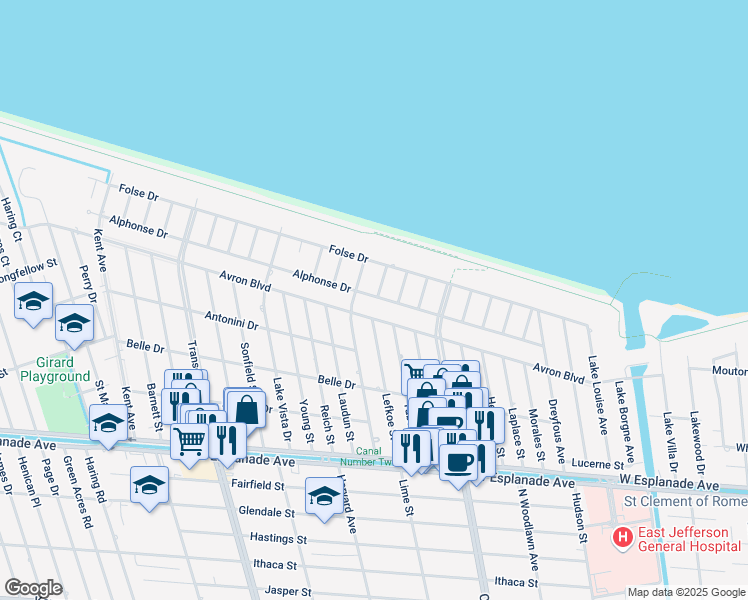 map of restaurants, bars, coffee shops, grocery stores, and more near 4717 Avron Boulevard in Metairie