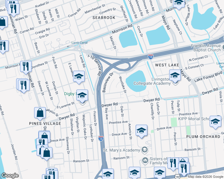 map of restaurants, bars, coffee shops, grocery stores, and more near 6587 Harbourview Drive in New Orleans