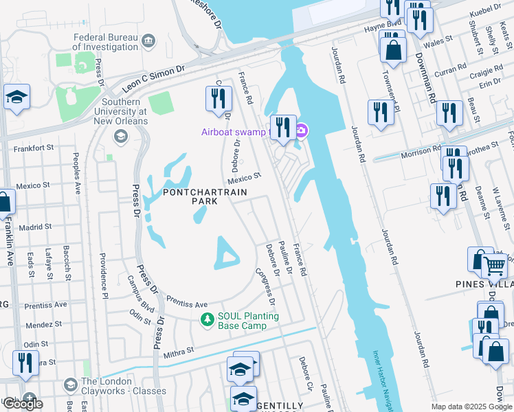 map of restaurants, bars, coffee shops, grocery stores, and more near 5936 Pauline Drive in New Orleans