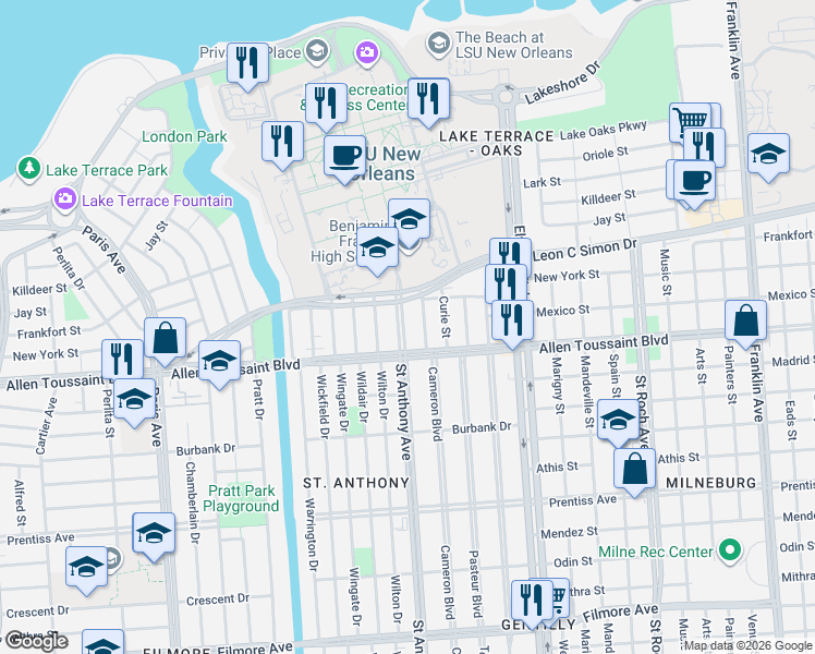 map of restaurants, bars, coffee shops, grocery stores, and more near 6218 Saint Anthony Avenue in New Orleans