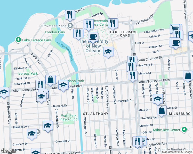 map of restaurants, bars, coffee shops, grocery stores, and more near 6223 Wainwright Drive in New Orleans