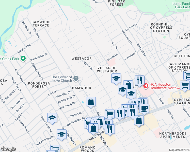 map of restaurants, bars, coffee shops, grocery stores, and more near 1102 Verret Lane in Houston