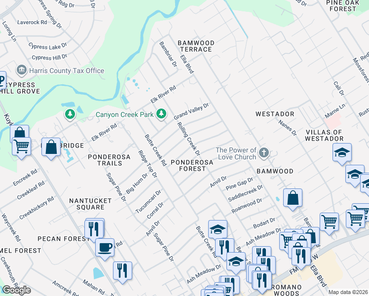 map of restaurants, bars, coffee shops, grocery stores, and more near 1614 Big Horn Drive in Houston