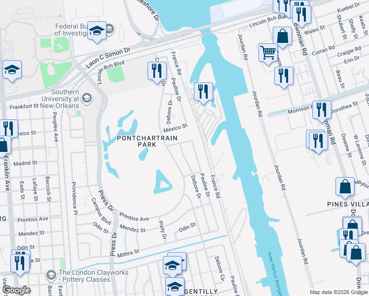 map of restaurants, bars, coffee shops, grocery stores, and more near 5936 Pauline Drive in New Orleans