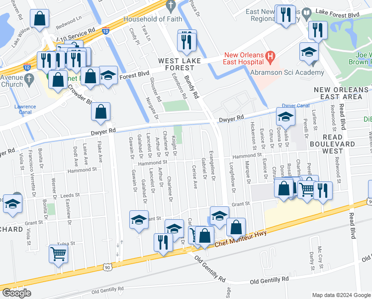 map of restaurants, bars, coffee shops, grocery stores, and more near 4835 Camelot Drive in New Orleans