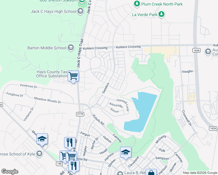 map of restaurants, bars, coffee shops, grocery stores, and more near 1481 Kirby in Kyle