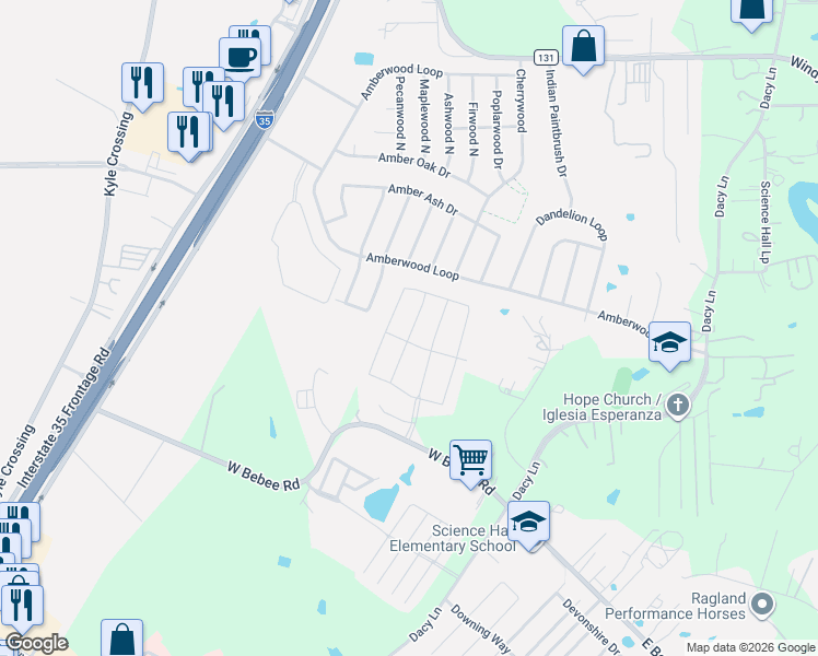 map of restaurants, bars, coffee shops, grocery stores, and more near 675 Bebee Road in Kyle