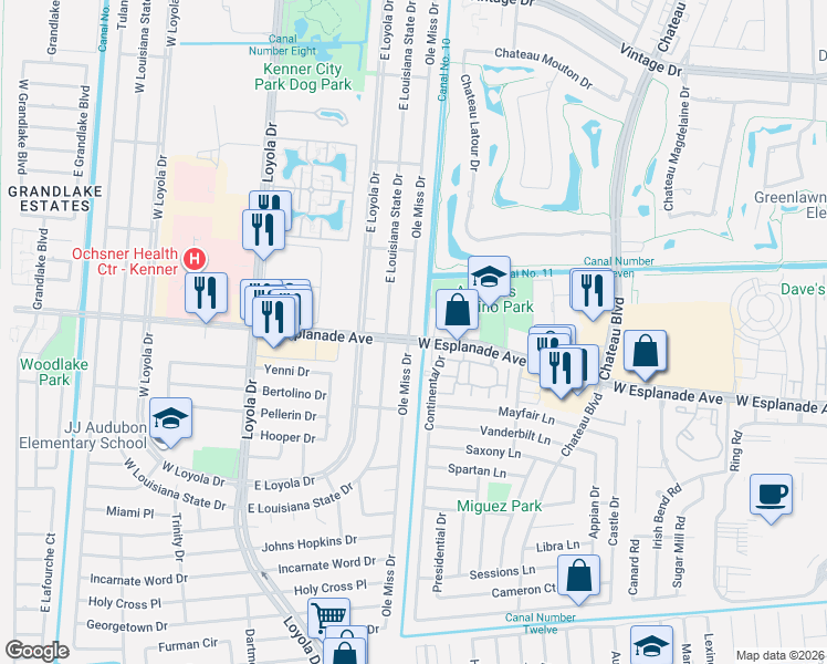 map of restaurants, bars, coffee shops, grocery stores, and more near 520 West Esplanade Avenue in Kenner