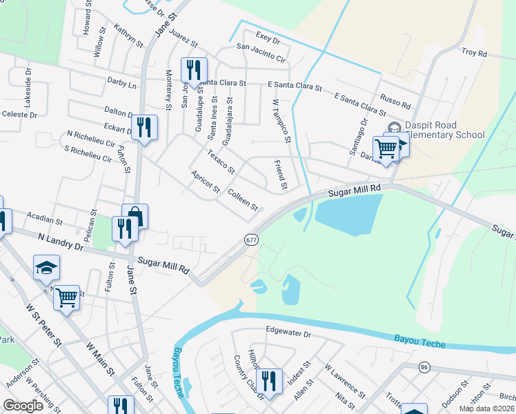 map of restaurants, bars, coffee shops, grocery stores, and more near 515 Tartan Street in New Iberia