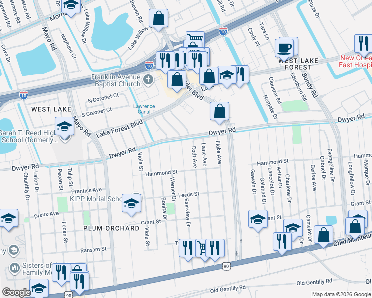 map of restaurants, bars, coffee shops, grocery stores, and more near 4909 Eastview Drive in New Orleans