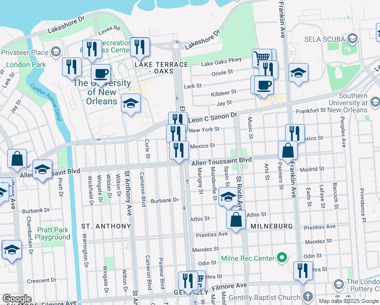 map of restaurants, bars, coffee shops, grocery stores, and more near 6201 Elysian Fields Avenue in New Orleans