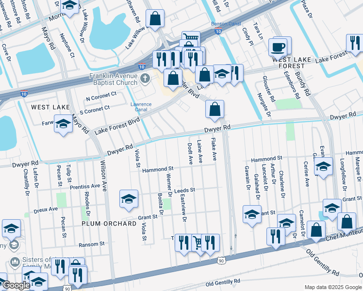 map of restaurants, bars, coffee shops, grocery stores, and more near 4909 Eastview Drive in New Orleans