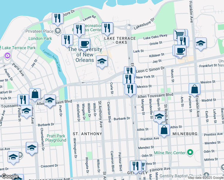 map of restaurants, bars, coffee shops, grocery stores, and more near 6217 Cameron Boulevard in New Orleans