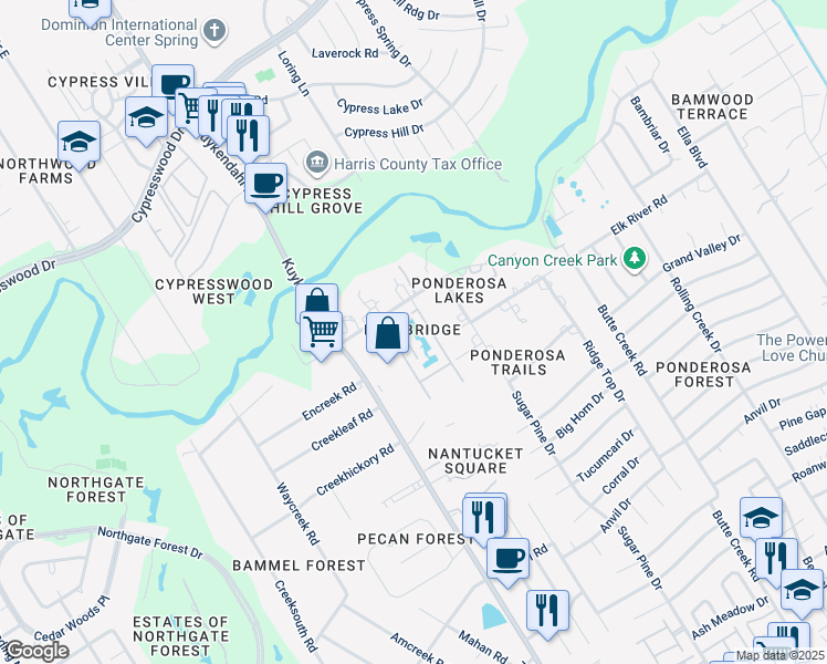 map of restaurants, bars, coffee shops, grocery stores, and more near 16924 Kuykendahl Road in Houston