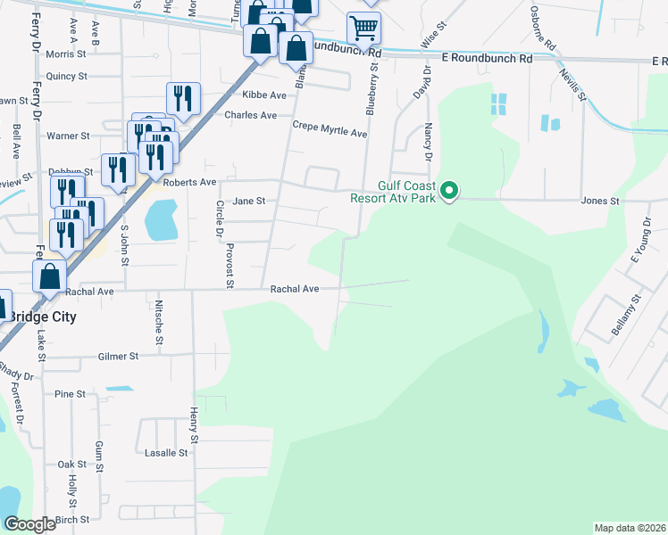map of restaurants, bars, coffee shops, grocery stores, and more near 445-599 Blueberry St in Bridge City