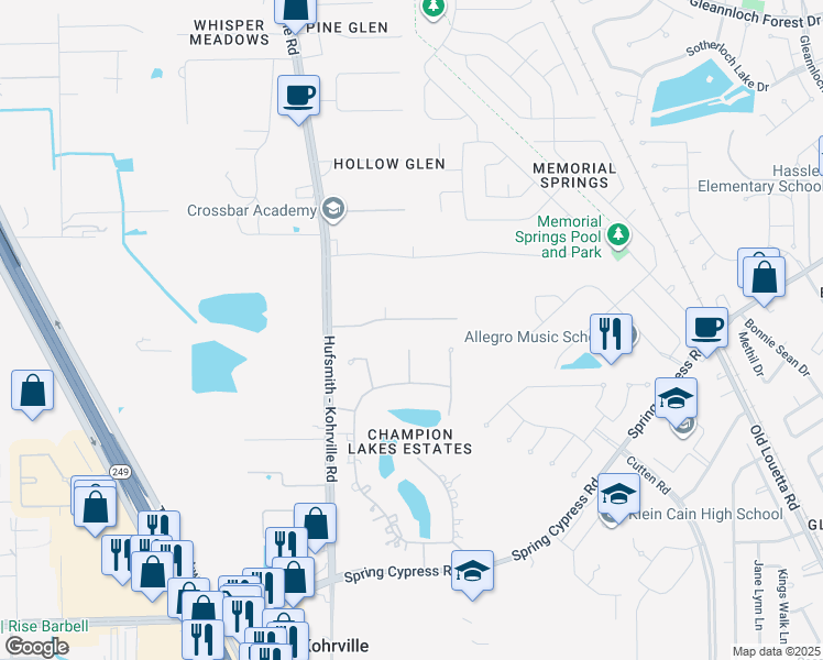 map of restaurants, bars, coffee shops, grocery stores, and more near 17421 Rachels Way Court in Tomball