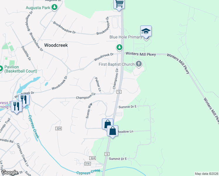 map of restaurants, bars, coffee shops, grocery stores, and more near 103 Overlook Circle in Wimberley