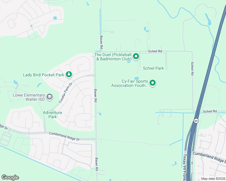 map of restaurants, bars, coffee shops, grocery stores, and more near 17222 Bauer Road in Cypress