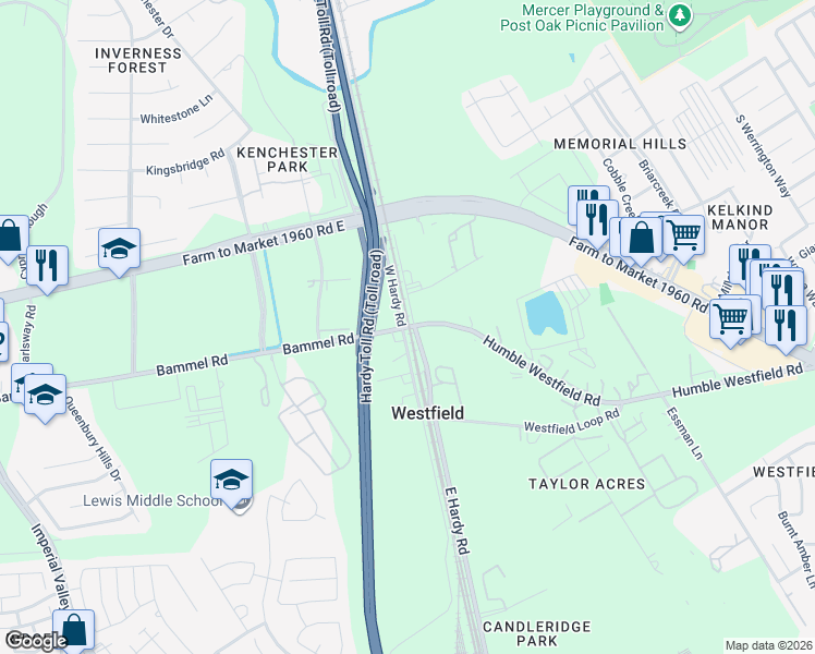 map of restaurants, bars, coffee shops, grocery stores, and more near 34 Humble Westfield Road in Houston