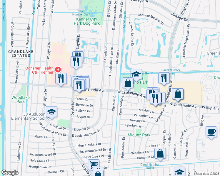 map of restaurants, bars, coffee shops, grocery stores, and more near 520 West Esplanade Avenue in Kenner