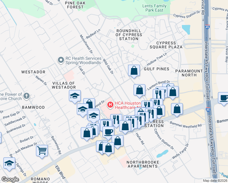 map of restaurants, bars, coffee shops, grocery stores, and more near 17515 Mossforest Drive in Houston