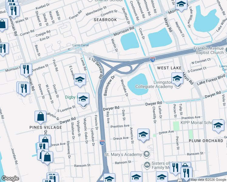 map of restaurants, bars, coffee shops, grocery stores, and more near 6587 Harbourview Drive in New Orleans