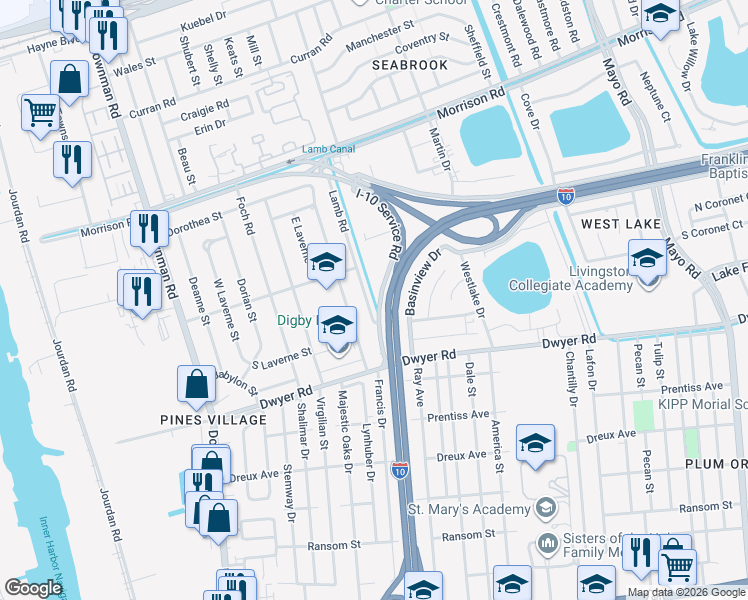 map of restaurants, bars, coffee shops, grocery stores, and more near 6622 Lamb Road in New Orleans