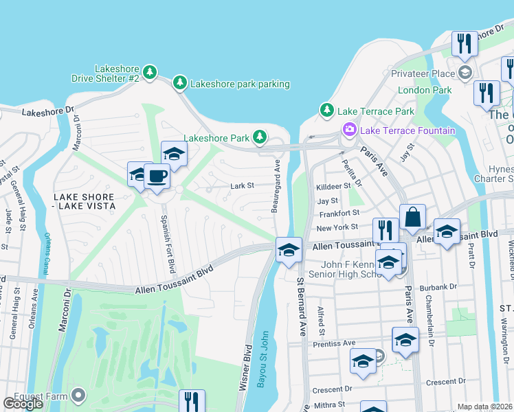 map of restaurants, bars, coffee shops, grocery stores, and more near 29 Killdeer Street in New Orleans
