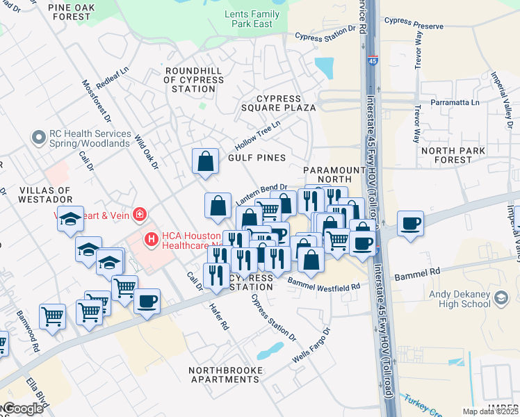 map of restaurants, bars, coffee shops, grocery stores, and more near 303 Lantern Bend Drive in Houston