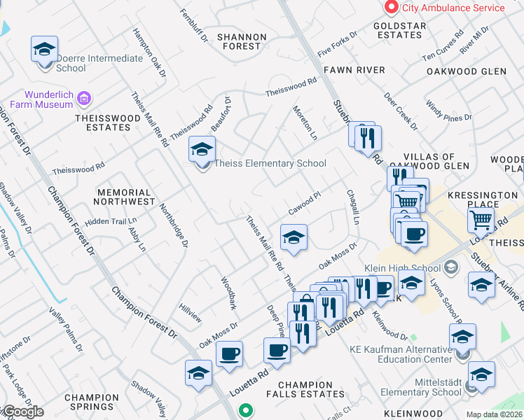 map of restaurants, bars, coffee shops, grocery stores, and more near 17311 Klee Circle in Spring