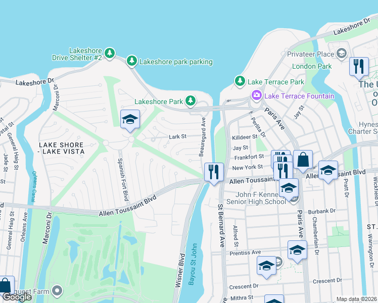 map of restaurants, bars, coffee shops, grocery stores, and more near 29 Killdeer Street in New Orleans