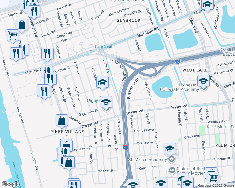 map of restaurants, bars, coffee shops, grocery stores, and more near 6622 Lamb Road in New Orleans