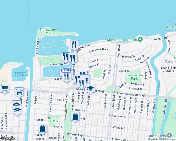 map of restaurants, bars, coffee shops, grocery stores, and more near 322 Jewel Street in New Orleans