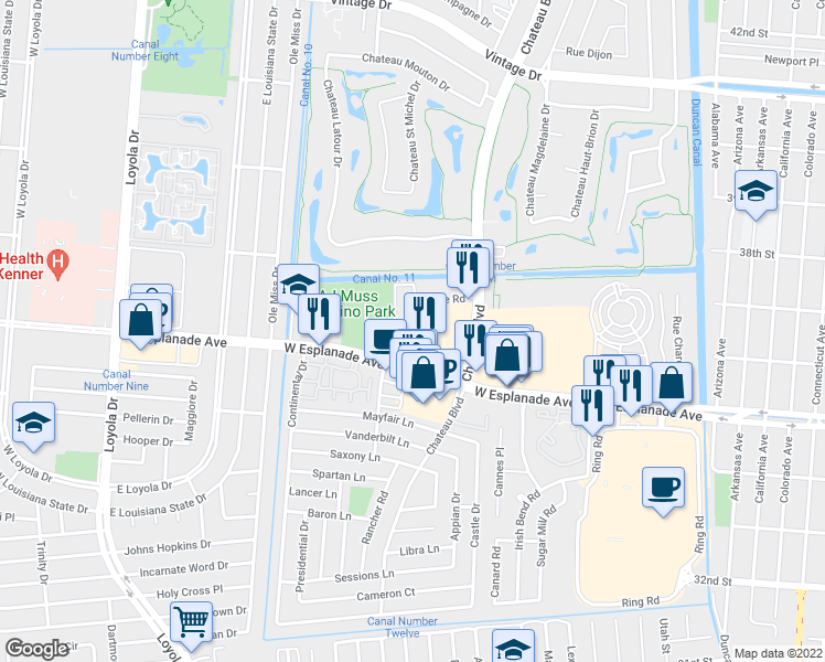 map of restaurants, bars, coffee shops, grocery stores, and more near 726 Village Road in Kenner