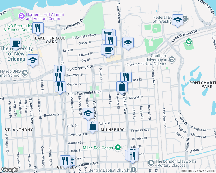 map of restaurants, bars, coffee shops, grocery stores, and more near 2503 Robert E Lee Boulevard in New Orleans