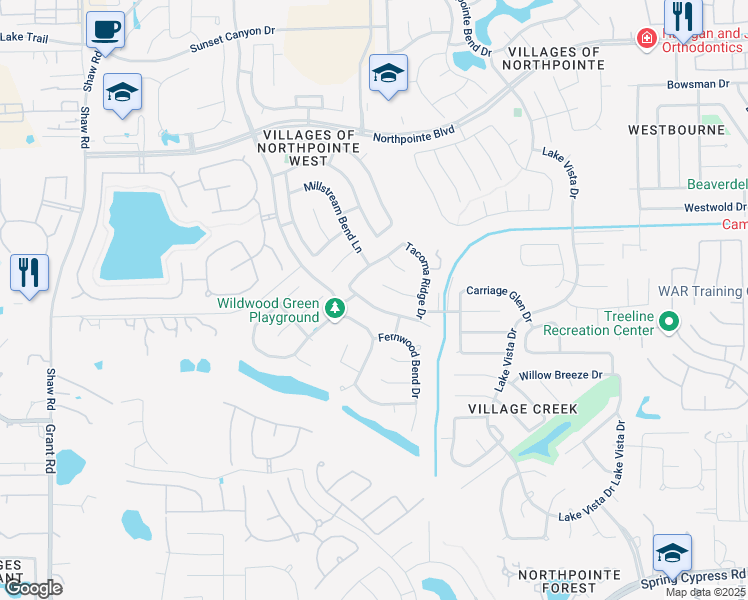 map of restaurants, bars, coffee shops, grocery stores, and more near 18231 Russett Green Drive in Tomball