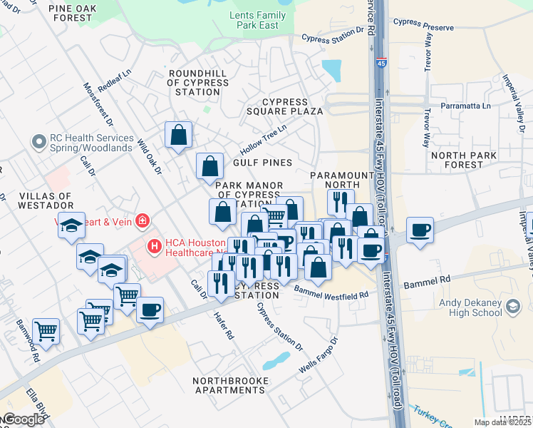 map of restaurants, bars, coffee shops, grocery stores, and more near 303 Lantern Bend Drive in Houston