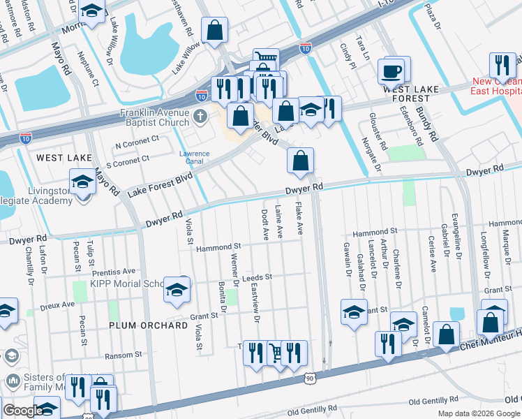 map of restaurants, bars, coffee shops, grocery stores, and more near 4909 Eastview Drive in New Orleans
