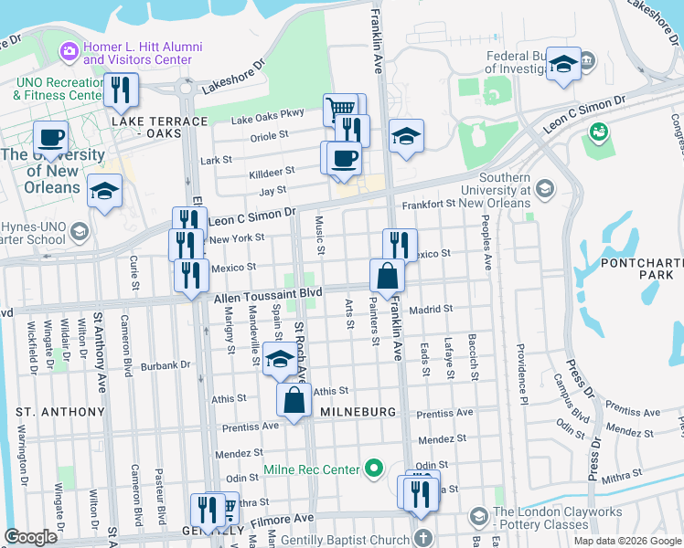 map of restaurants, bars, coffee shops, grocery stores, and more near 2503 Robert E Lee Boulevard in New Orleans