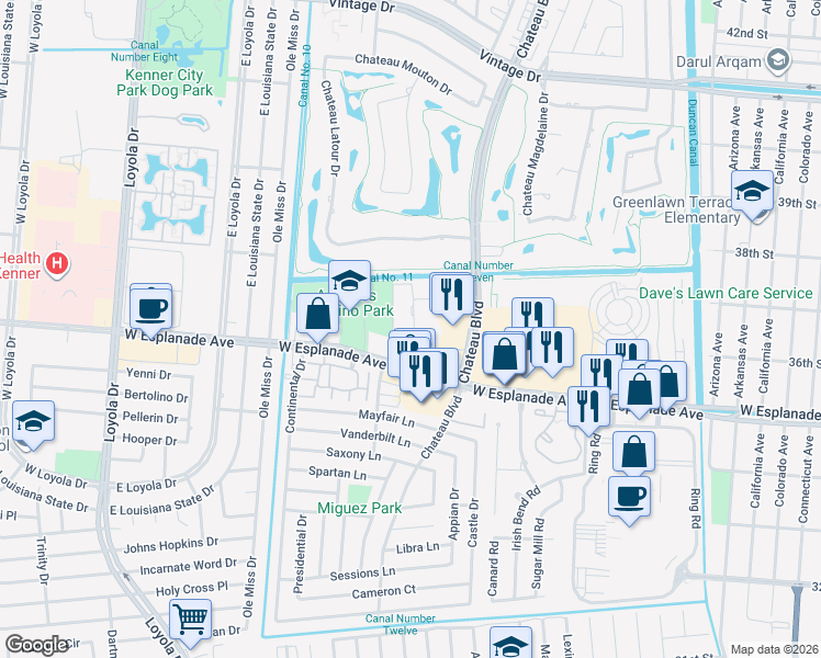 map of restaurants, bars, coffee shops, grocery stores, and more near 726 Village Road in Kenner