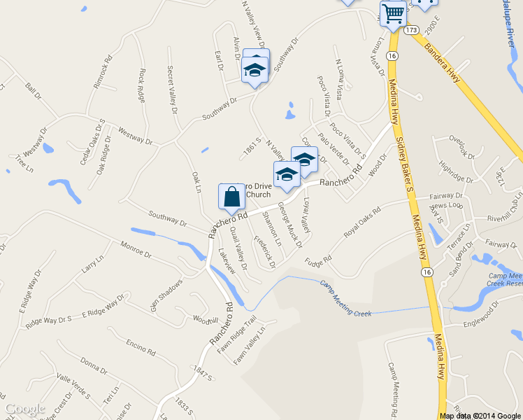 map of restaurants, bars, coffee shops, grocery stores, and more near 713 Ranchero Road in Kerrville