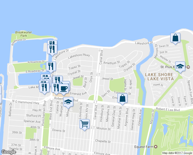 map of restaurants, bars, coffee shops, grocery stores, and more near 699 Jewel Street in New Orleans